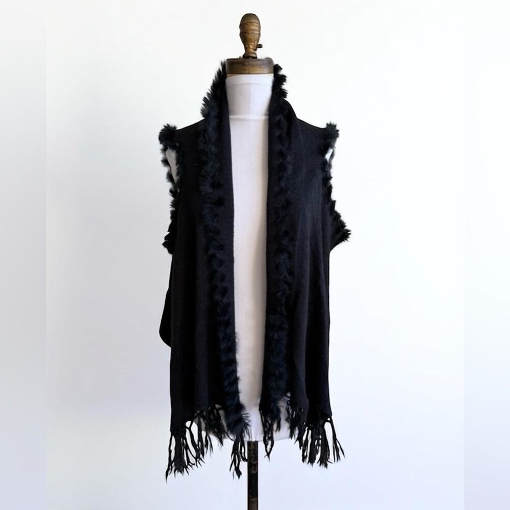 Y2K Free People Saachi Witchy Sweater Duster Black Navy Fringe Fur Whimsygoth